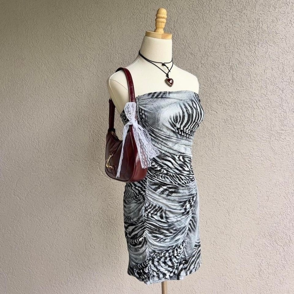 Y2K Zebra Print Mini Dress Fits XS Strapless Going Out Party Mob Wife - Picture 5 of 8